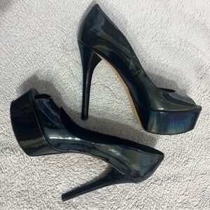 BRIAN ATWOOD Bambola Black Patent Leather Platform Peep Toe Heels Size 38.5/US 8